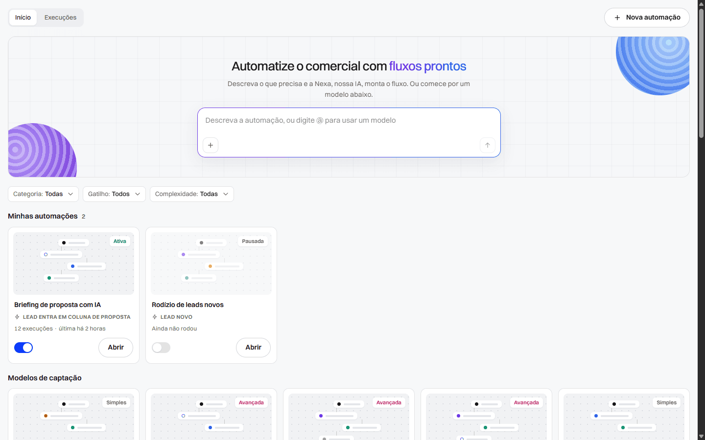 Tela de automações com a Nexa e modelos prontos de fluxos comerciais