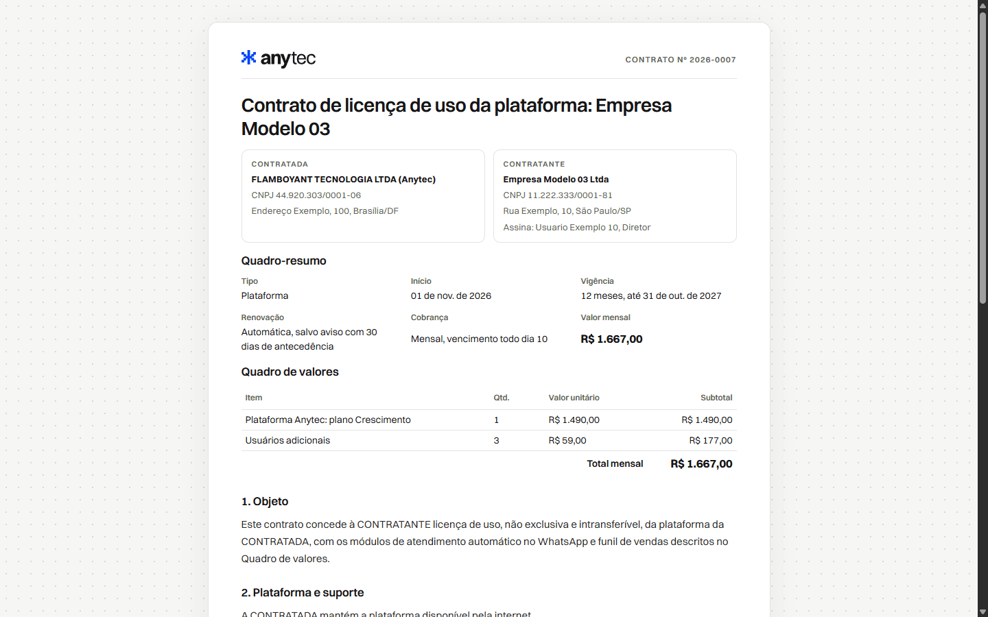 Contrato gerado pela plataforma, com quadro-resumo e valores, pronto para assinatura